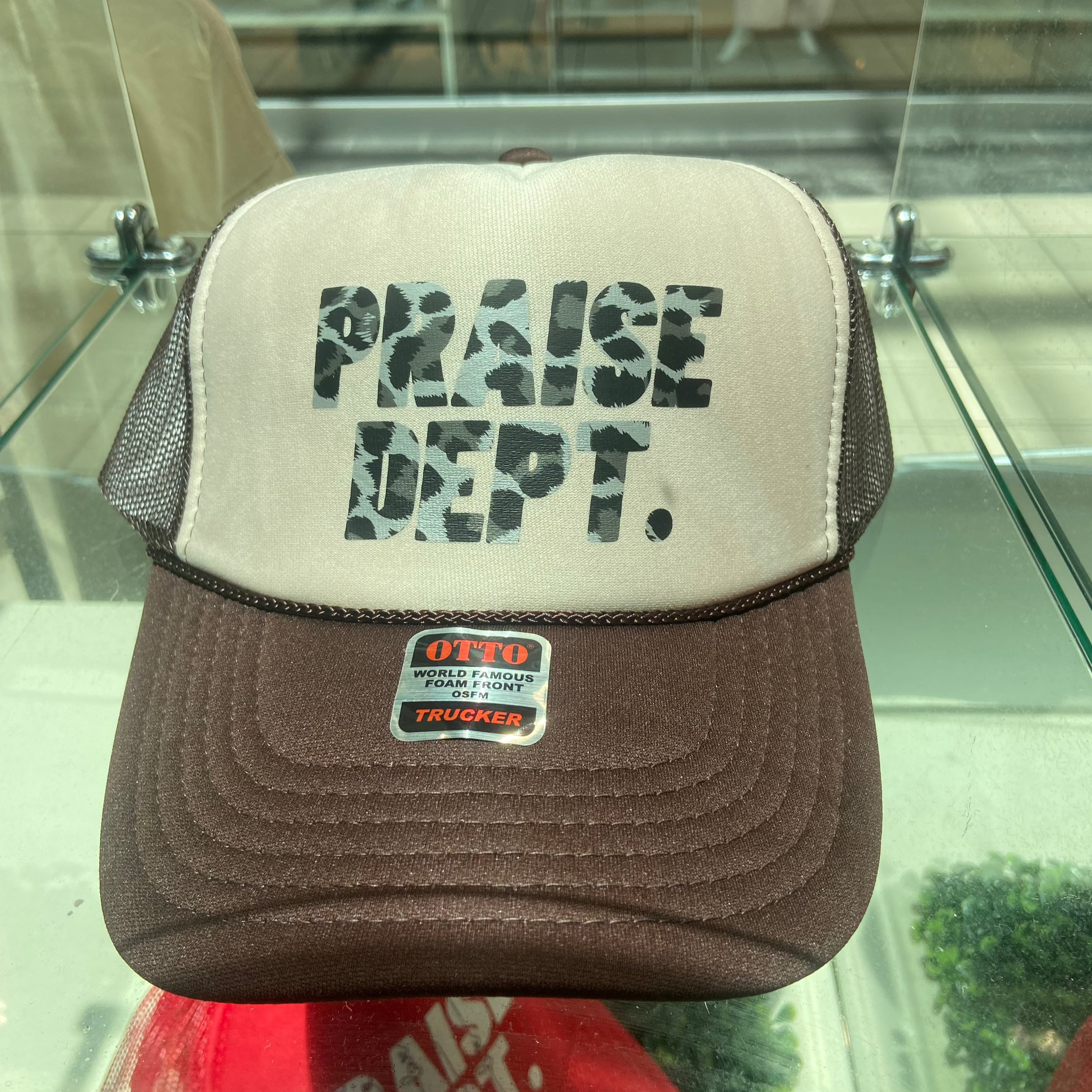 BEIGE and Brown With CHETAH PRINT PRAISE DEPT TRUCKER HAT